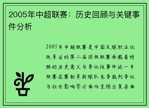 2005年中超联赛：历史回顾与关键事件分析
